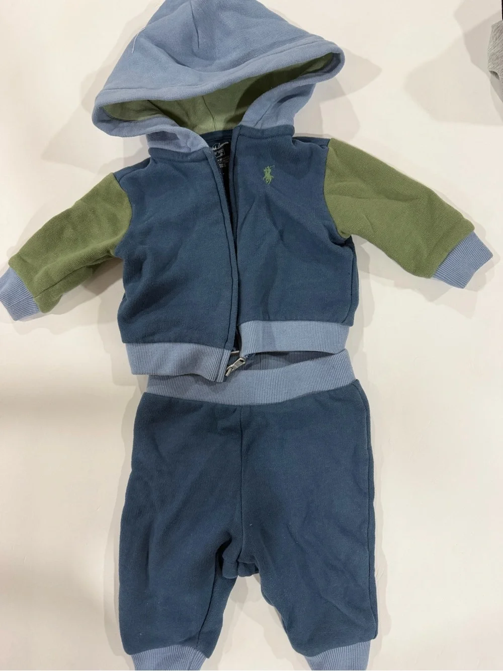 Ralph Lauren Baby Hoodie and Pant Set in Navy, Light Blue & Olive Green